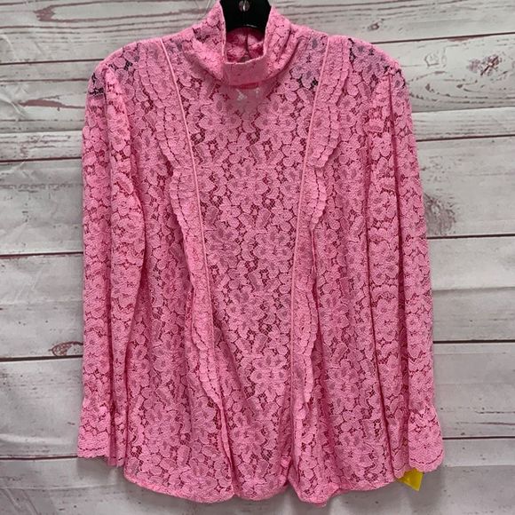 Smythe Pink Scalloped Lace Top Blouse Size Medium Buttoned Cowl Neck Designer - Picture 3 of 7